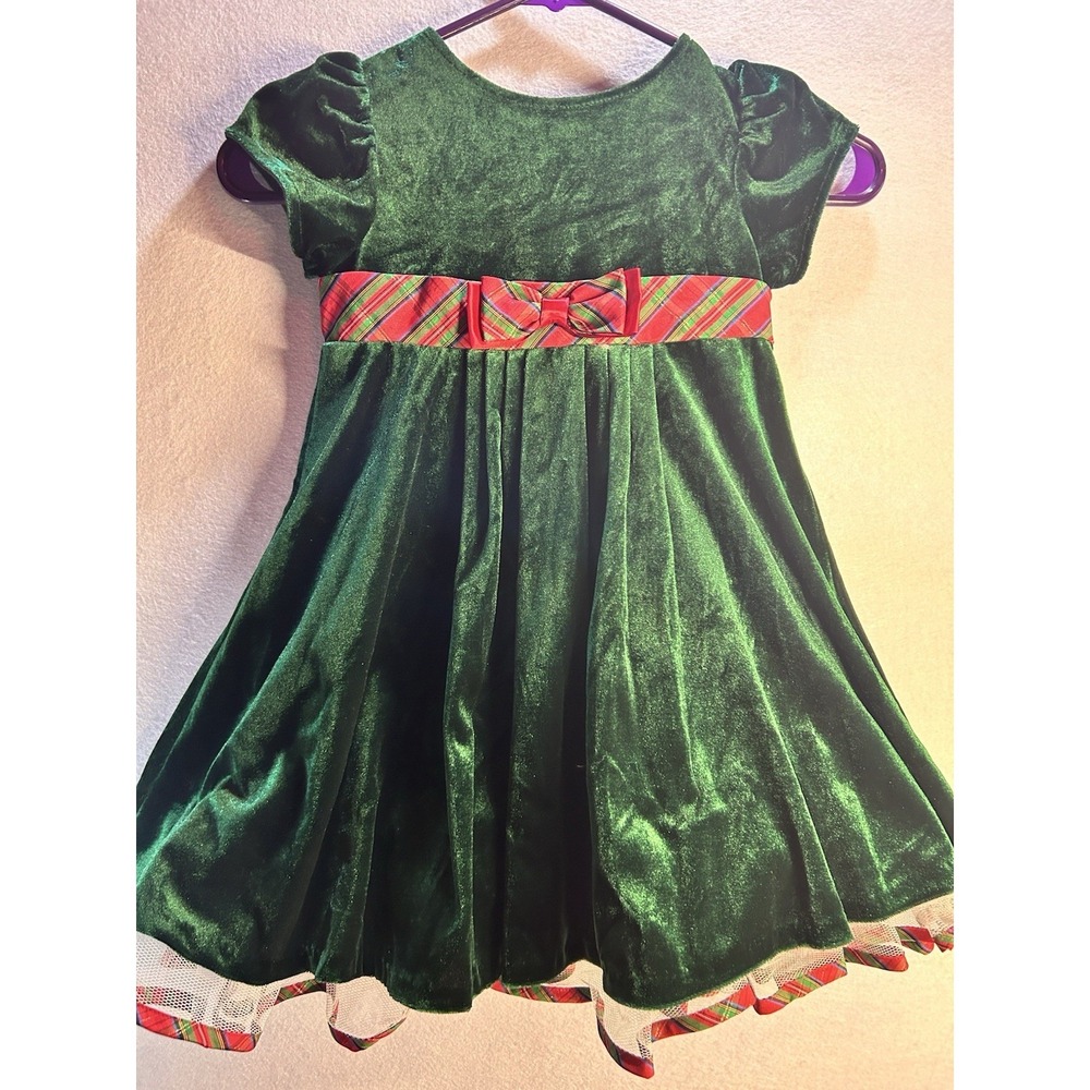 Rare Editions Girls 4‎ Green Velvet Plaid Bow Dress Christmas Party Formal